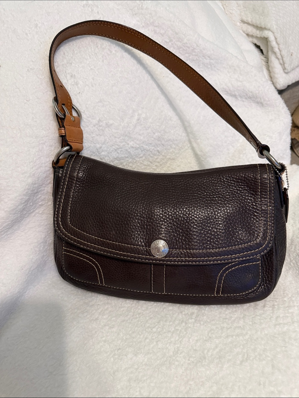 Coach Dark Brown Leather Shoulder Bag with Tan Strap